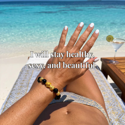 Floreva™ Blessed Pixiu Bracelet - Obsidian & Gold-Plate