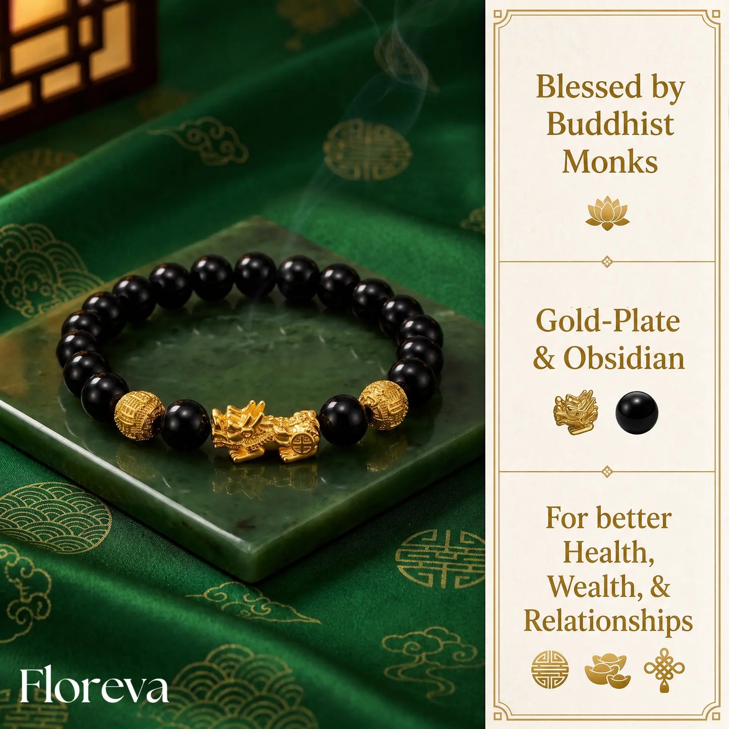 Floreva™ Blessed Pixiu Bracelet - Obsidian & Gold-Plate