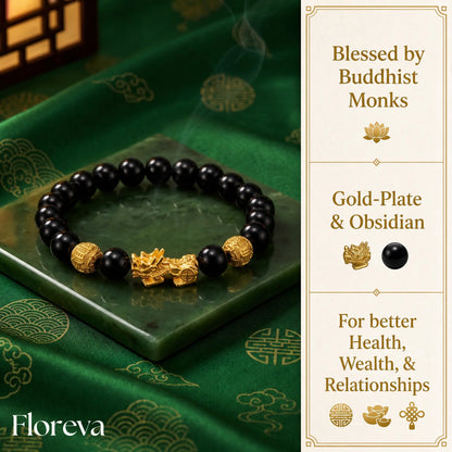 Floreva™ Blessed Pixiu Bracelet - Obsidian & Gold-Plate
