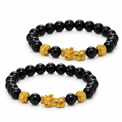 Floreva™ Blessed Pixiu Bracelet - Obsidian & Gold-Plate