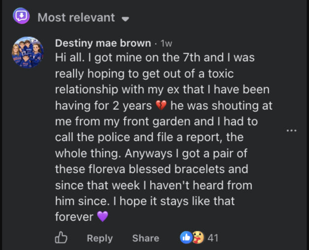Community comment from Destiny mae brown about Floreva blessed bracelets
