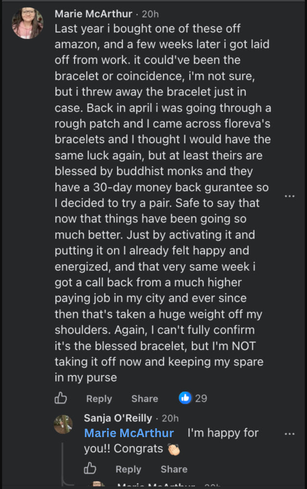 Community comment from Marie McArthur about Floreva blessed bracelets