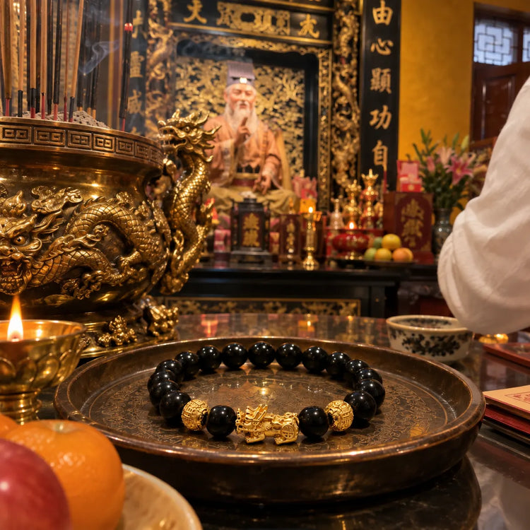 AI illustration of the Floreva Pixiu bracelet on a temple altar